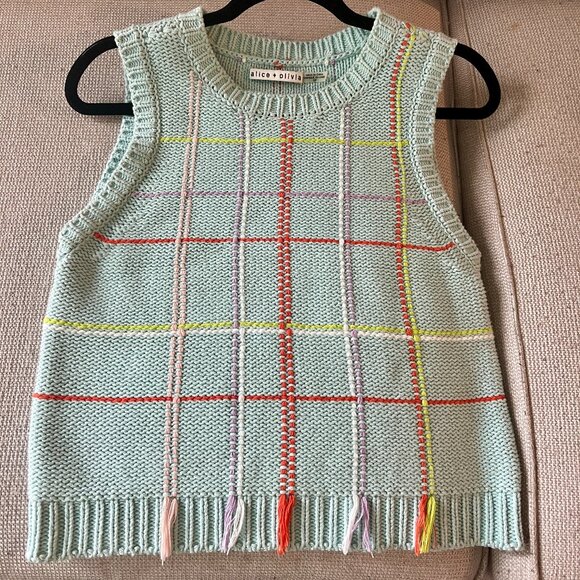 Alice + Olivia Plaid Cropped Crew Neck Sweater - Picture 1 of 3